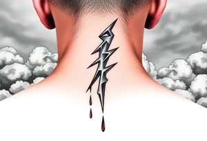 The silhouette of a hand holding a lightning bolt, dripping blood and adorned with silver tribal tattoos, against a backdrop of stormy clouds and dark skies tattoo idea