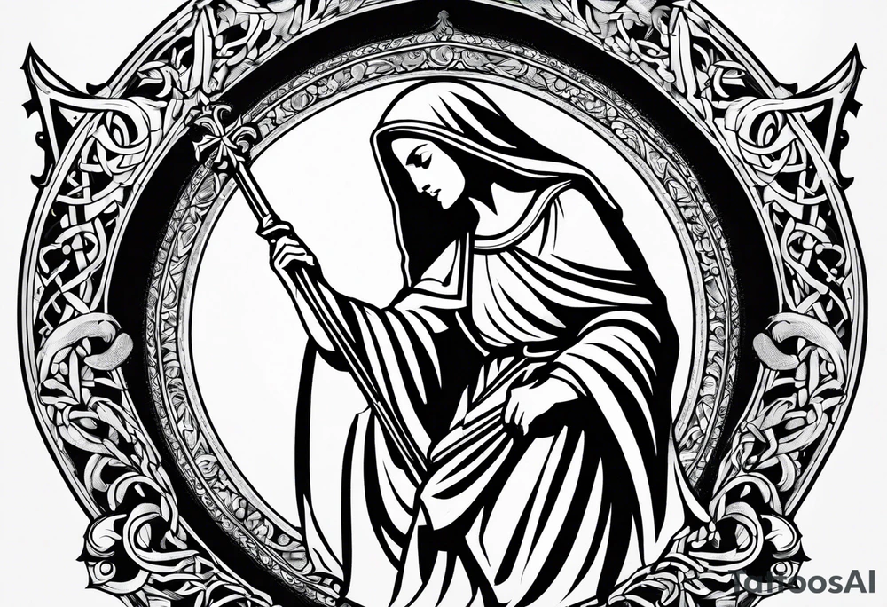 A full back piece themed on the surname mcbride and the irish saint bridget. It should take inspiration from artwork of saint bridget holding fire in her hands. It should have the text Vincit Pericula Virtus on it tattoo idea