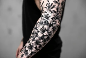 1 black band with roman numerals near elbow and 1 black band lower forearm, both with roman numerals in them. between the black bands fill the space with narcissus flowers and holly tattoo idea