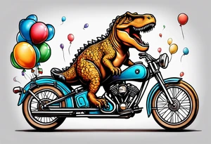 Trex riding a bicycle holding balloons neo trad tattoo idea