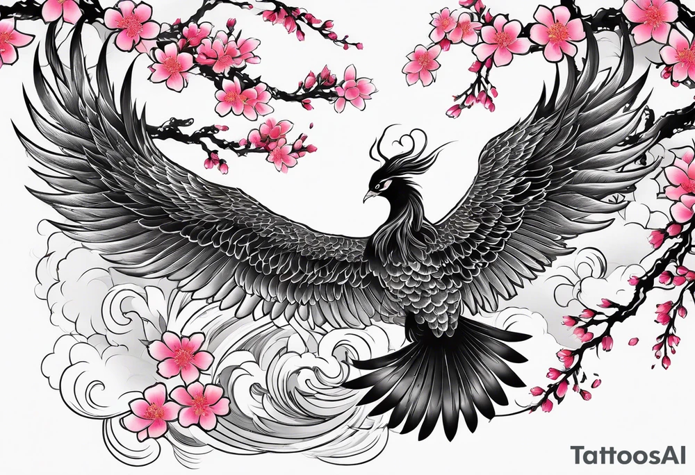 traditional Japanese phoenix and pink cherry blossoms blank background tattoo idea