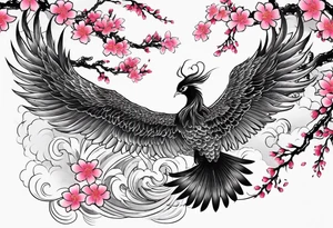 traditional Japanese phoenix and pink cherry blossoms blank background tattoo idea