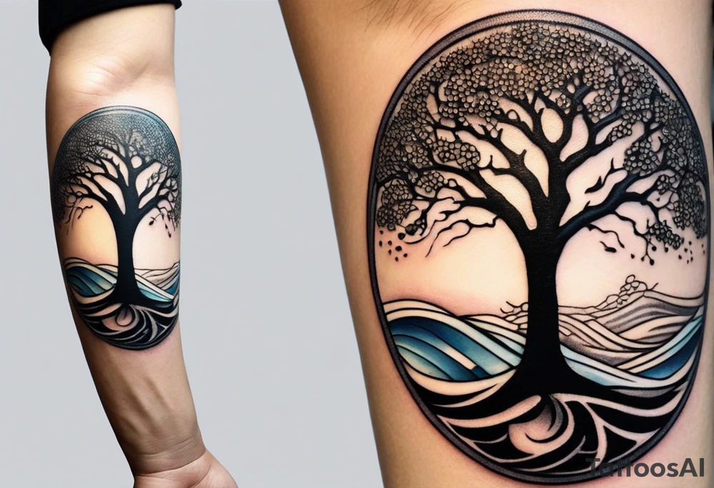 A tattoo of an abstract Tree of Life tattoo to be placed directly on the bicep of a woman. It can wrap around the arm a little. It should have roots growing out of the bottom. The roots slowly turn into water from the Great Wave by Hokusai. A golf flag should be placed discreetly growing out of the ground. 2 license plate tags should be hanging from the tree. Place a few music notes in the areas the leaves should be. The letters A U should be engraving into the tree trunk in a heart. tattoo idea