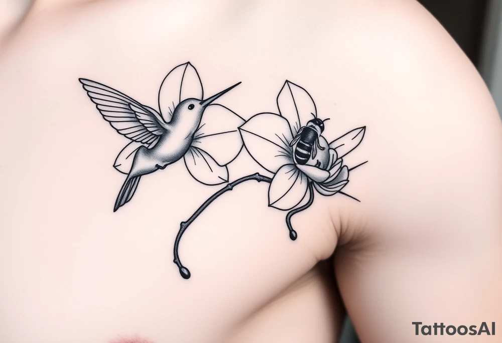 A delicate, black and white fine-line tattoo for male, featuring gracefully detailed 2 orchids in full bloom including their stems, with soft, intricate petals and elegant curves. Beside it, a hummingbird hovers mid-flight, its wings drawn with subtle motion lines, its slender beak reaching toward the orchid’s center to drink its nectar. on the other flower there is a bee that is resting tattoo idea