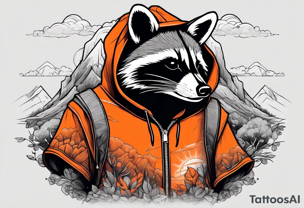 Raccoon wearing an orange Superman hoodie tattoo idea