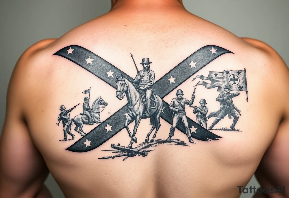 Confederate flag with a portrait of stonewall Jackson on a horse add in a battle scene with confederate soldiers winning & Jefferson Davis on one side add in shading and color add in WWII battle in the southern pacific & one fighting a big nazi battle tattoo idea