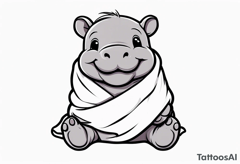 Baby hippopotamus sitting wrapped in a swaddle laughing tattoo idea