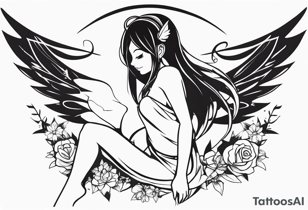 No color sketch of a fairy with a tail inspired by the guild symbol in the anime show called Fairy Tail in a fetal position leaning forward while crawled in and her body is an angle while floating in the air with big wings tattoo idea