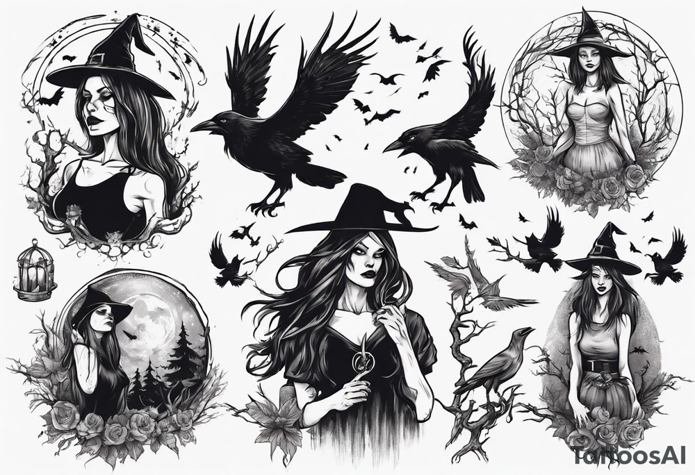 witch with crows tattoo idea