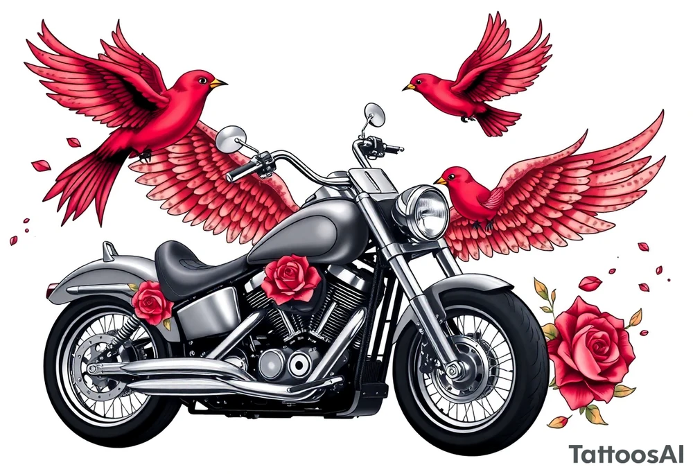 Harley grey motorcycle driving away, two red birds flying, roses, flames, angel wings tattoo idea