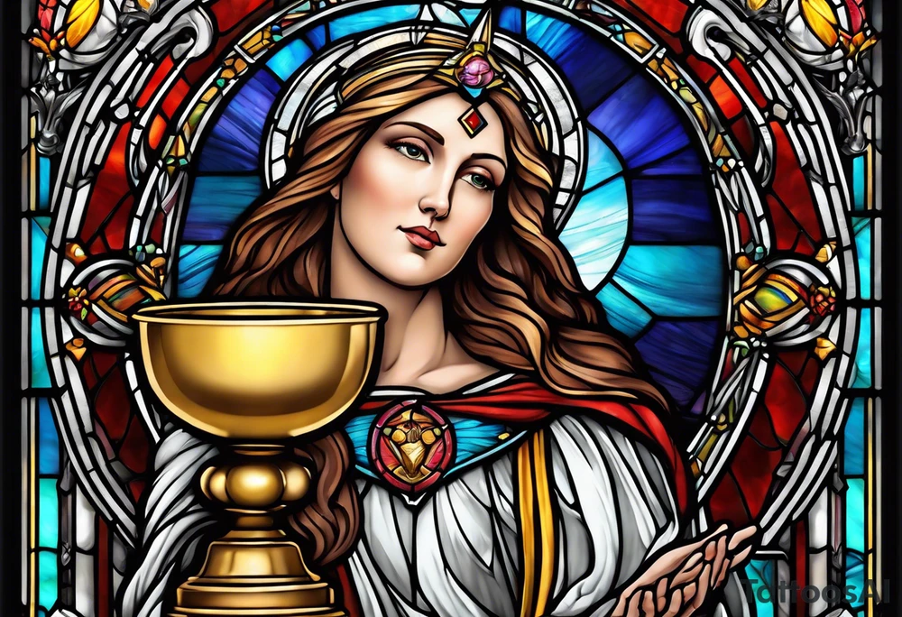 holy saint woman with halo stained glass holding a chalice with artillery tattoo idea