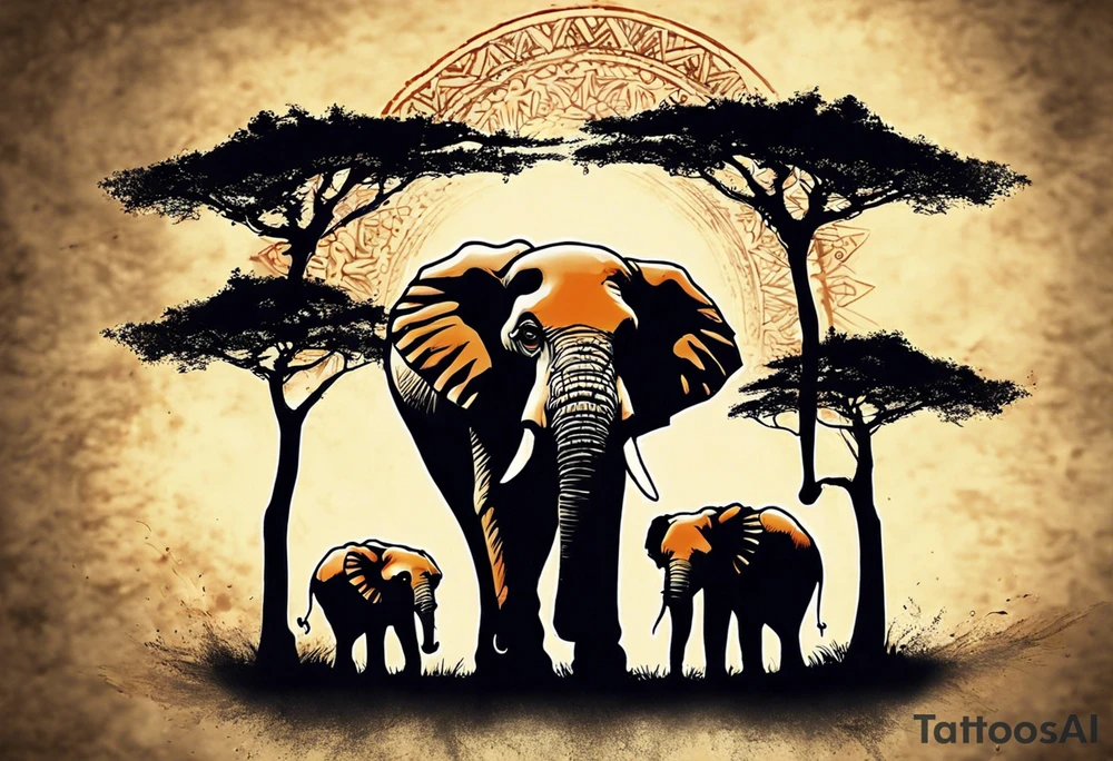 “AI, can you create a unique tattoo design for me? I envision three elephants – a small one in the front, the dad behind, and the mom behind the dad. I’d like the background to feature a rising sun and an African tree. Feel free to add your artistic touch and details to make it special.” tattoo idea
