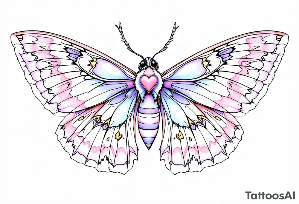 A delicate moth with intricately patterned wings, adorned with soft pastel hues of lavender, pale pink, and light blue. The wings are outlined in fine black ink to accentuate the details, with small golden accents at the tips of the wings, symbolizing enlightenment and transformation. In the center of the moth’s body, a small heart-shaped symbol is subtly integrated, representing love. tattoo idea