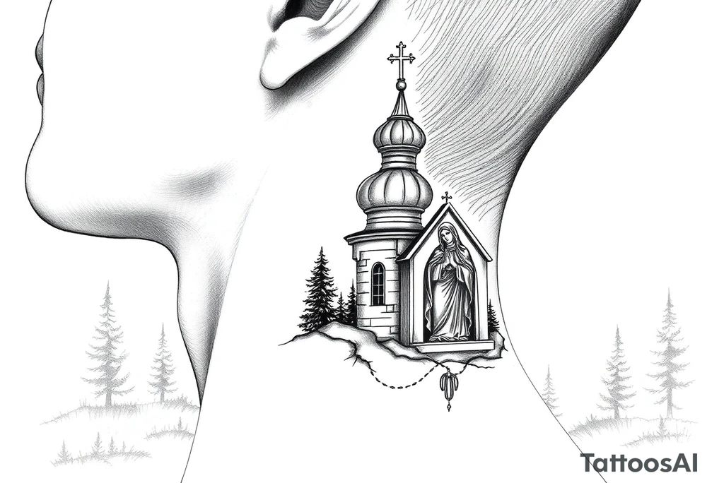 russian design traditional christian orthodox cross with a virgin mary stood beside the entrance of a russian orthodox dome church on the side of the neck in a wilderness setting with the design spread out the side of the neck tattoo idea