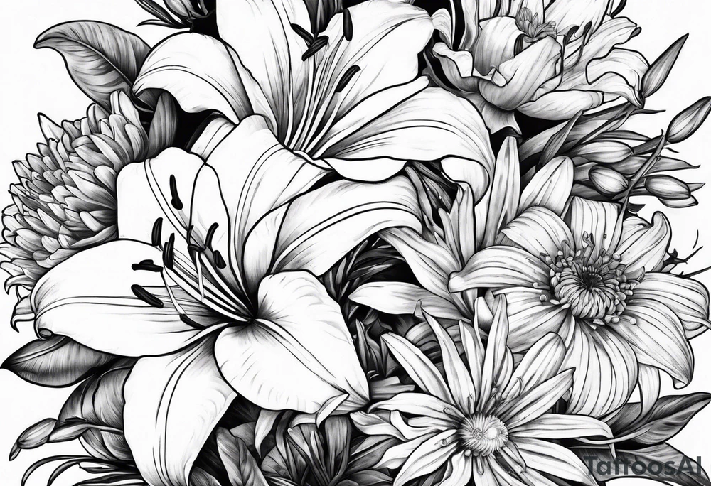 Bouquet of lily, marigold, cosmo, and aster tattoo idea Bouquet of lily, marigold, cosmo, and aster tattoo idea