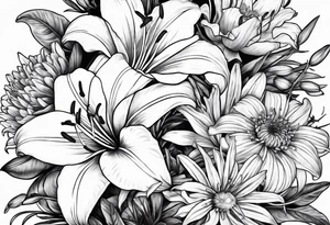 Bouquet of lily, marigold, cosmo, and aster tattoo idea