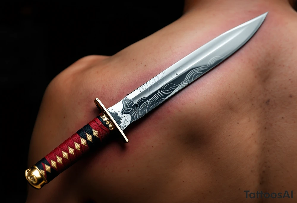 Samurai Dagger (Tanto Blade) – A traditional Japanese tanto dagger with a red and black wrapped hilt, featuring golden accents. The blade is polished steel with a faint wave pattern, representing a finely crafted katana. tattoo idea