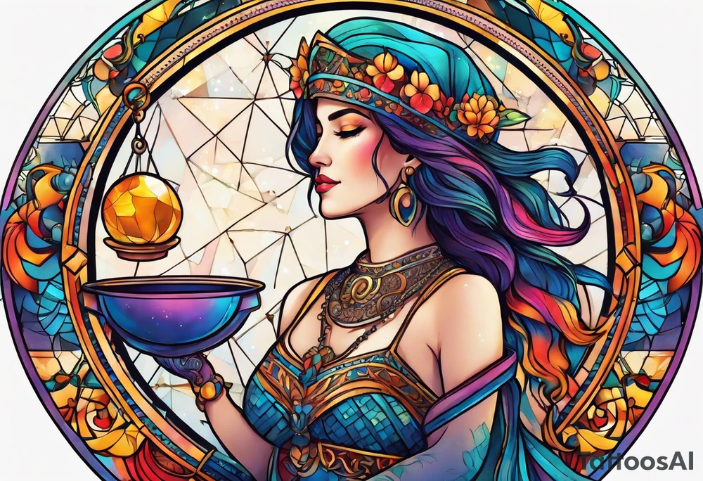 Libra woman holding scales with a night zodiac background including a half moon that encircles half of the woman with vibrant colors tattoo idea