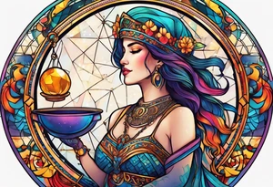 Libra woman holding scales with a night zodiac background including a half moon that encircles half of the woman with vibrant colors tattoo idea