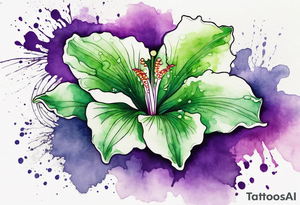 An outline of a green rio dipladenia flower and a purple watercolor splash in the background tattoo idea