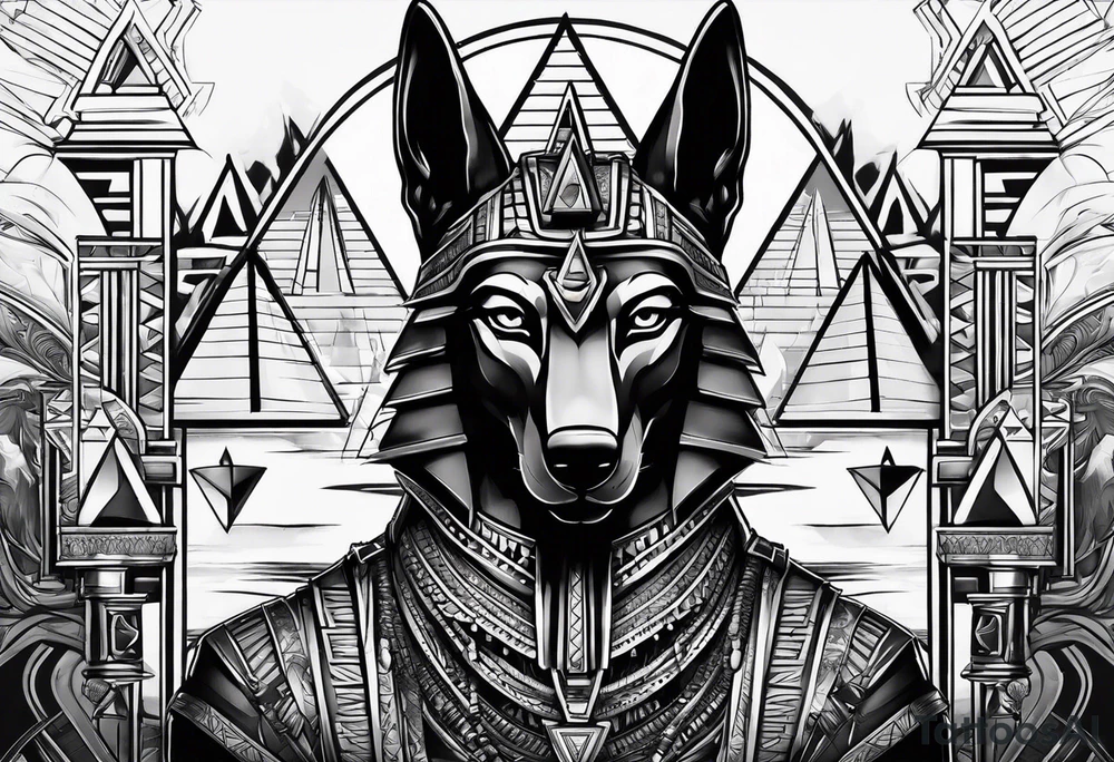 Strict Anubis portrait with pyramids on the background tattoo idea