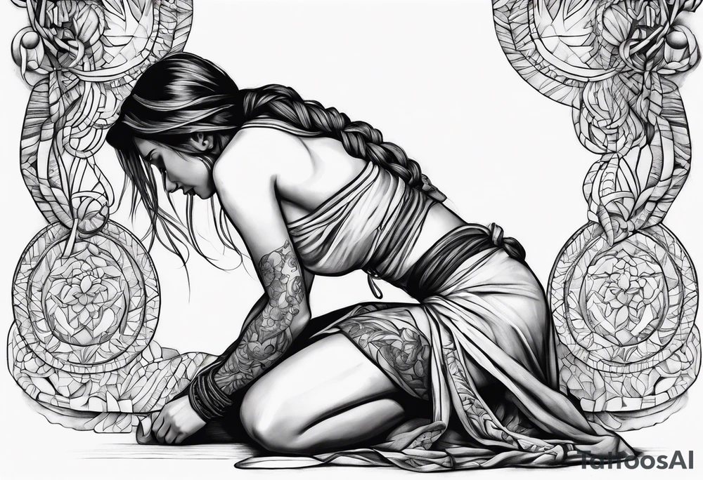woman kneeling and tied with a rope tattoo idea