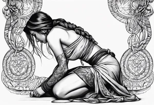 woman kneeling and tied with a rope tattoo idea