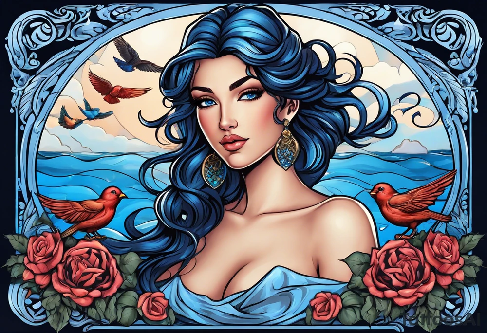 Aphrodite is the goddess of love, with a seaside background, surrounded by birds.. blue roses frames, background blue,present it in a tattoo, black hair, love motives tattoo idea