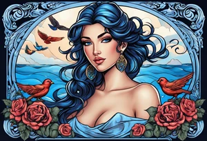 Aphrodite is the goddess of love, with a seaside background, surrounded by birds.. blue roses frames, background blue,present it in a tattoo, black hair, love motives tattoo idea