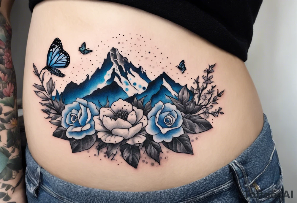 Rocky mountains with mountain blue birds and monarch butterflies with wild prairie roses tattoo idea