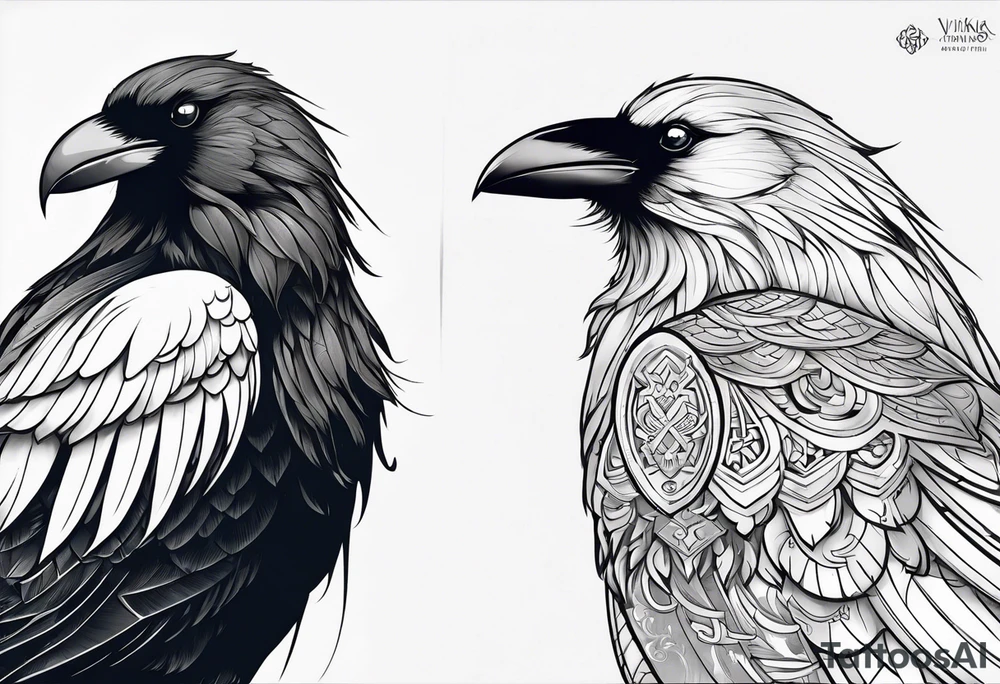 Create a crow which is set in the Viking's mythology, the tattoo must be full right-arm sized, add background tattoo idea