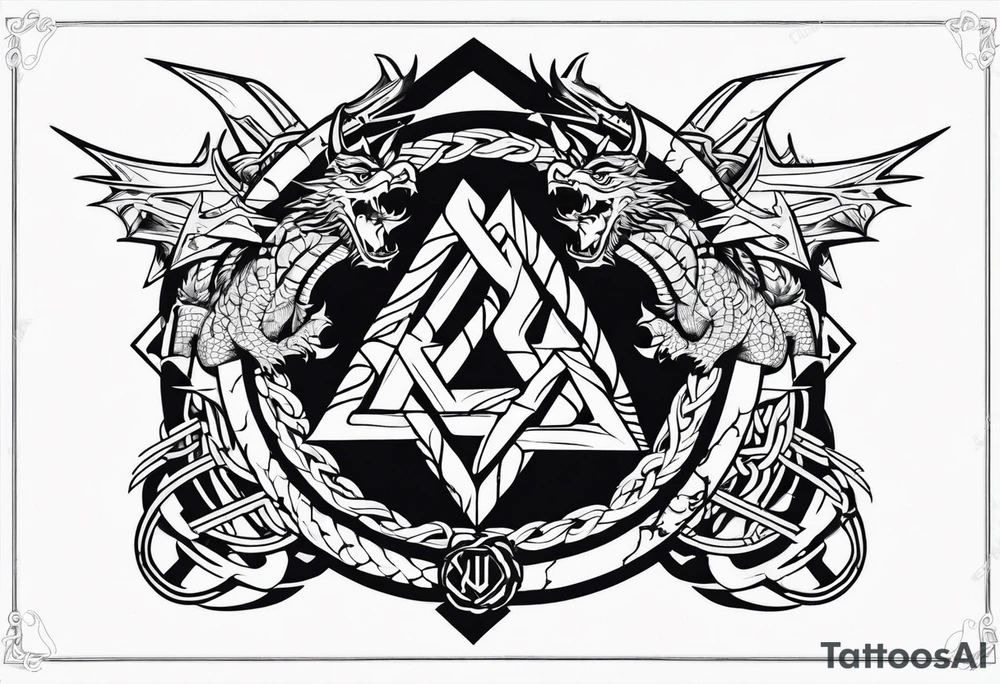 Valhalla sword shield dragon axe barbed wire chains valknut fire tattoo idea Valhalla sword shield dragon axe barbed wire chains valknut fire tattoo idea
