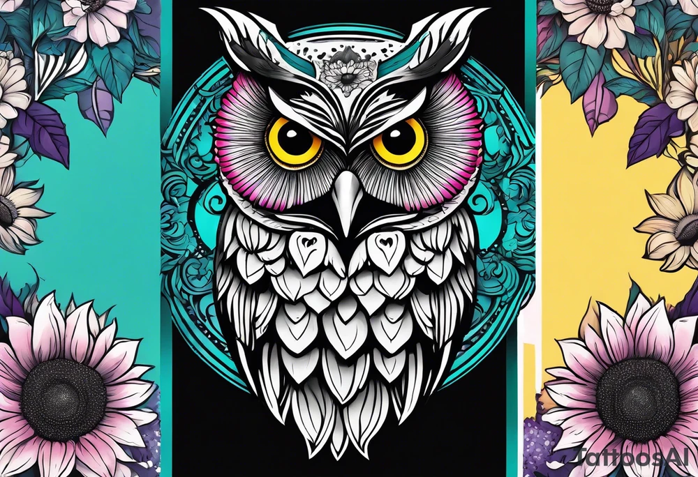 Leg Sleeve with black and white owl that's lightly shaded teal, pink and purple and yellow sunflowers tattoo idea