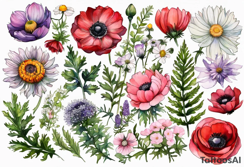 wildflowers with thistles, ferns, ranuculus, white anemones with black center, sun flowers, red flowers, pink flowers, purple flowers, buttercups, babys breath, daisies, and greenery all in watercolor tattoo idea