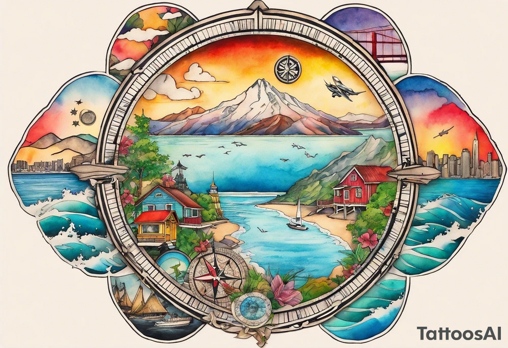 Round Travel collage with San Francisco, mountains, Kansas city skyline and, Jamaican beach all inside a compass rose spilled watercolor and tiny jet plane silhouette and a tiny ski boat in the water tattoo idea