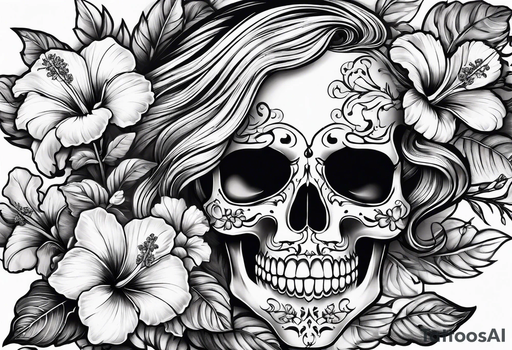 female skeleton with hibiscus flower tattoo idea