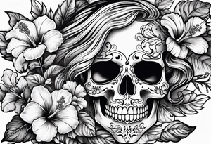 female skeleton with hibiscus flower tattoo idea
