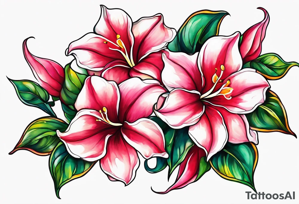 abstract mandevilla flowers on a vine, with color leaking out into the background tattoo idea