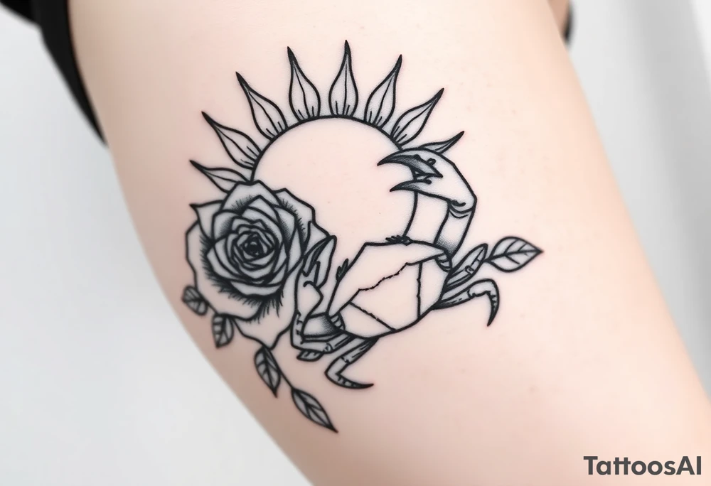 Sun, rose, and crab traditional tattoo idea