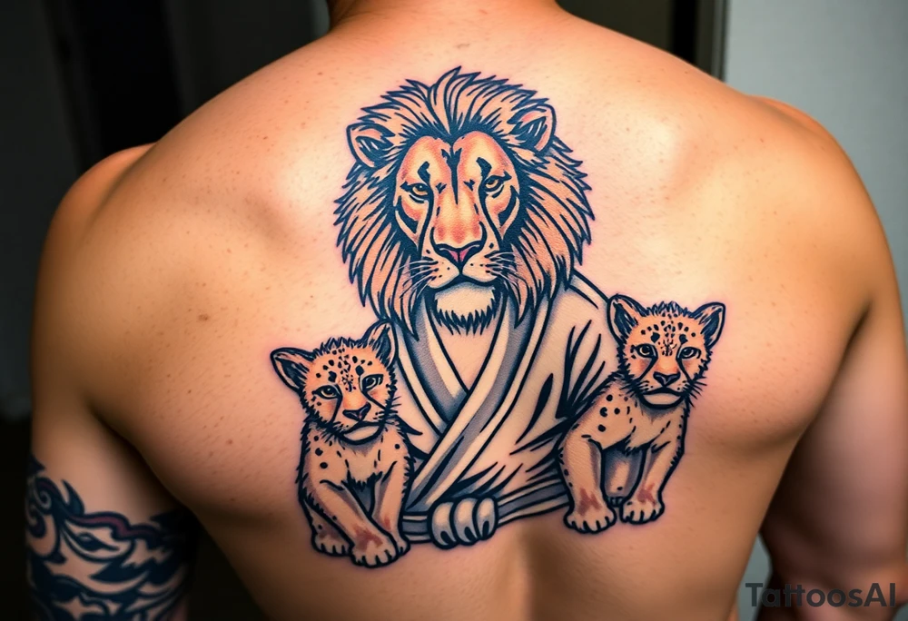 Lion wearing a Brazilian jiu jitsu gi as a person would along side his two cubs. The surrounding area is the sarenghetti tattoo idea
