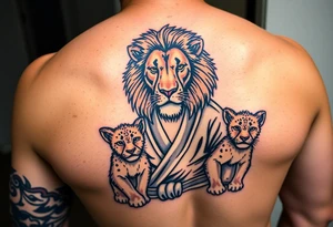 Lion wearing a Brazilian jiu jitsu gi as a person would along side his two cubs. The surrounding area is the sarenghetti tattoo idea