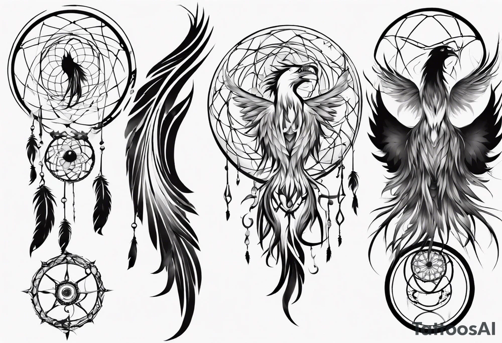 Vertical screaming Phoenix in circles with abstract dream catcher tail tattoo idea