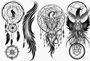 Vertical screaming Phoenix in circles with abstract dream catcher tail tattoo idea