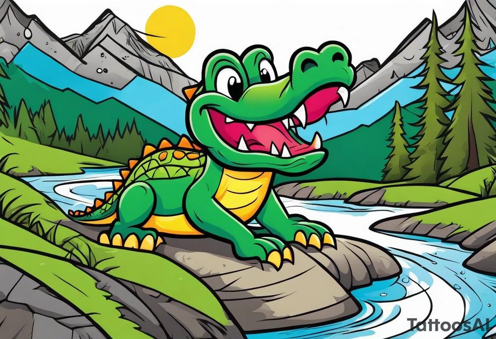 Cartoon alligator lost in the mountains tattoo idea