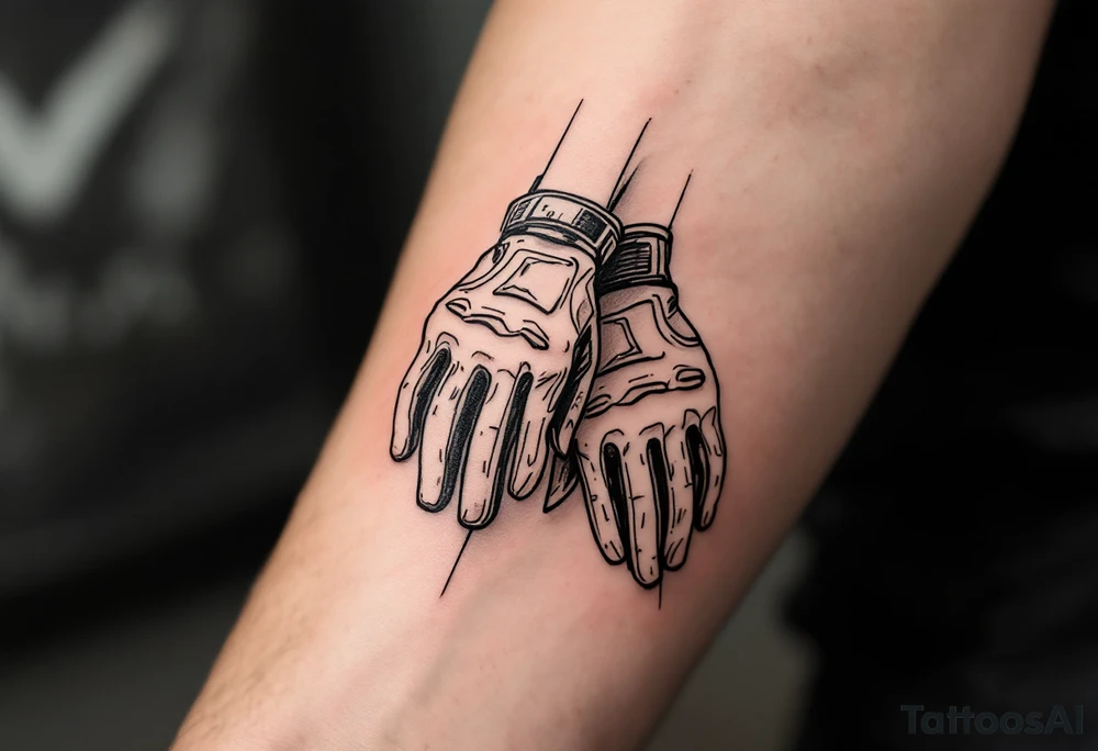 A pair of cycling gloves hanging from handlebars, in a realistic sketch style with soft shading and muted earthy tones. tattoo idea