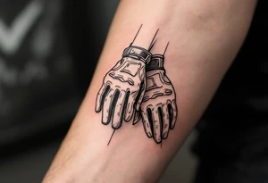 A pair of cycling gloves hanging from handlebars, in a realistic sketch style with soft shading and muted earthy tones. tattoo idea