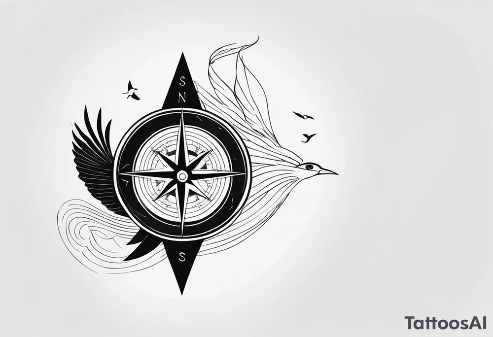 Compass with wAVES AND BIRDS on mid back female tattoo idea