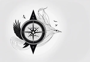 Compass with wAVES AND BIRDS on mid back female tattoo idea