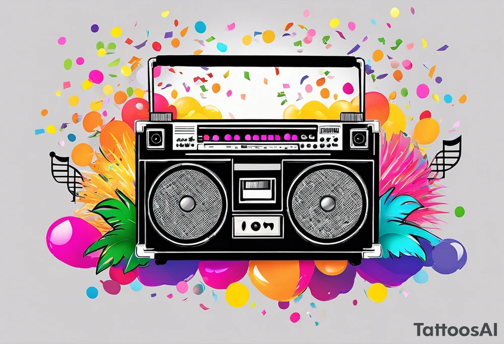 1980's style big boom box mith confetti, and music notes in the air, sound waves against miami vice style beach background, include sexy party goers tattoo idea