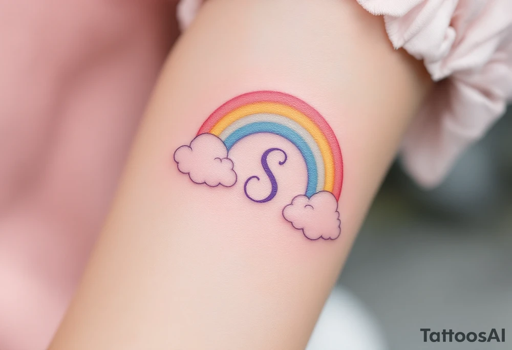 A pastel rainbow with letter "S" with soft cloud outlines. tattoo idea